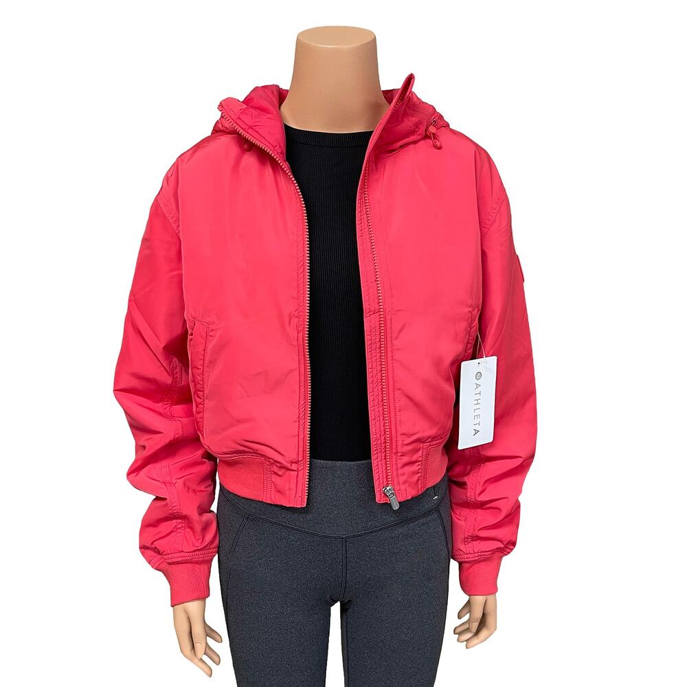 Athleta Lucent Bomber Jacket Sz S New $189 Punch Pink Hooded Cropped Puffer Coat